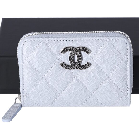 CHANEL Perforated CC Logo Coin Case Light Blue Caviar Leather - Picture 1 of 5